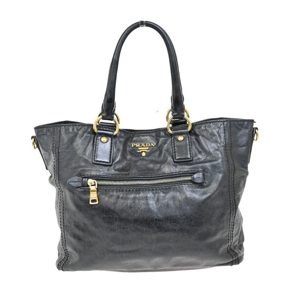 PRADA MILANO Logo Shoulder Tote Hand Bag Leather Black GHW